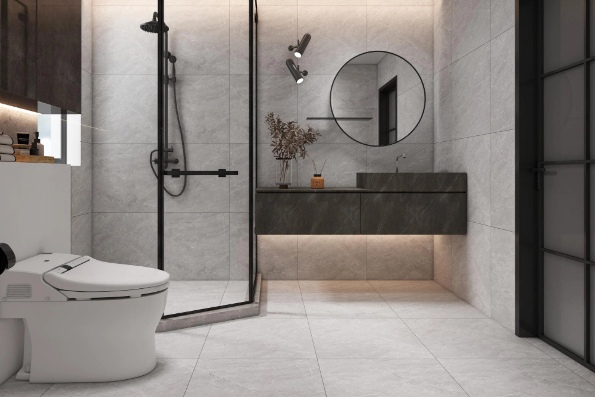 Modern bathroom renovation featuring walk-in shower and custom cabinetry